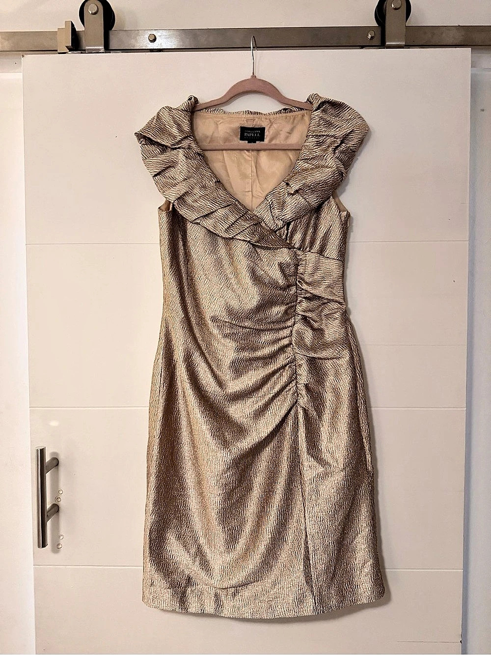 Adrianna Papell Gold Ruffle Neck Ruched Mini Dress Like New